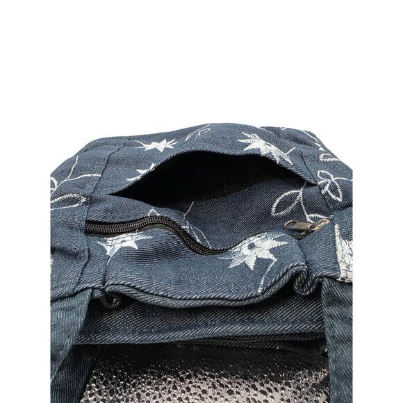 Floral Embroidered Denim Handbag With Zipper Closure & Matching Wallet Set - Picture 7 of 16
